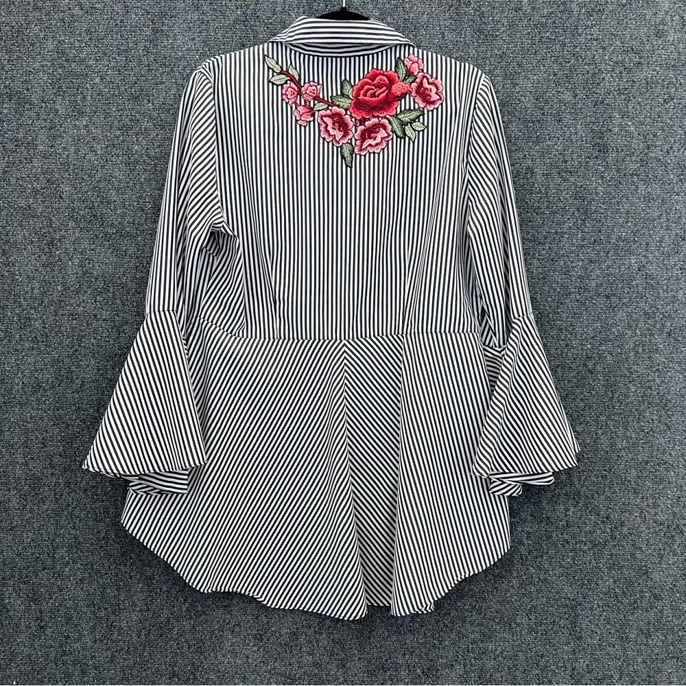 Mischa Women’s Bell Sleeve Button Down Shirt Blouse Striped with Floral Accent